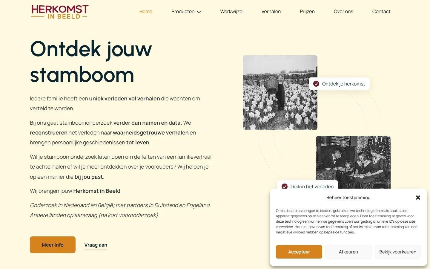 Screenshot van herkomstinbeeld.nl — stamboomonderzoek website